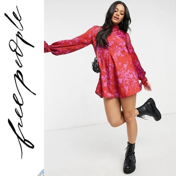 Free People Aries Floral Print High Neck Open Back Mini Dress Various Sizes - Picture 1 of 5